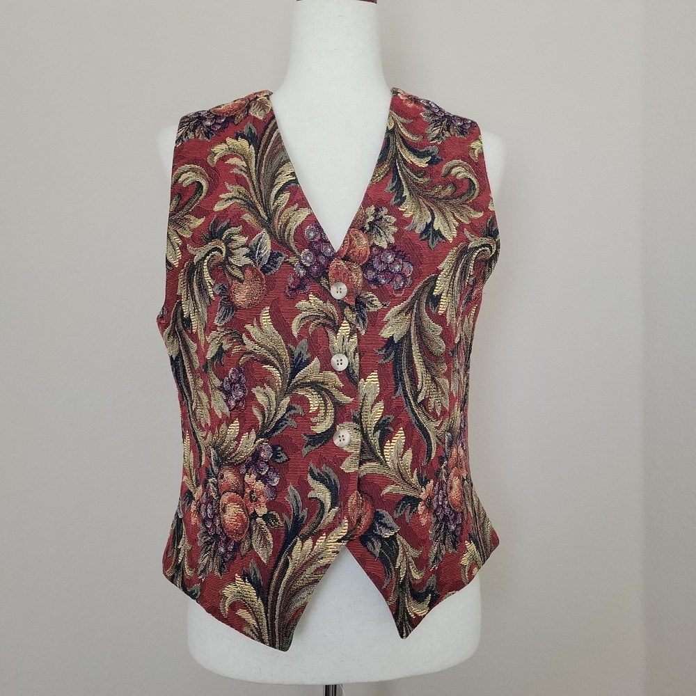 Vintage Orvis Womens Tapestry Vest Size S Floral Fruit Button Front USA Teacher
